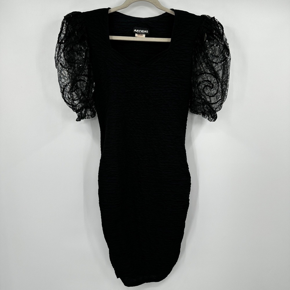 Vintage Mayvens of California Black Sequin Puff Sleeve Lace Sequin Dress Size 10